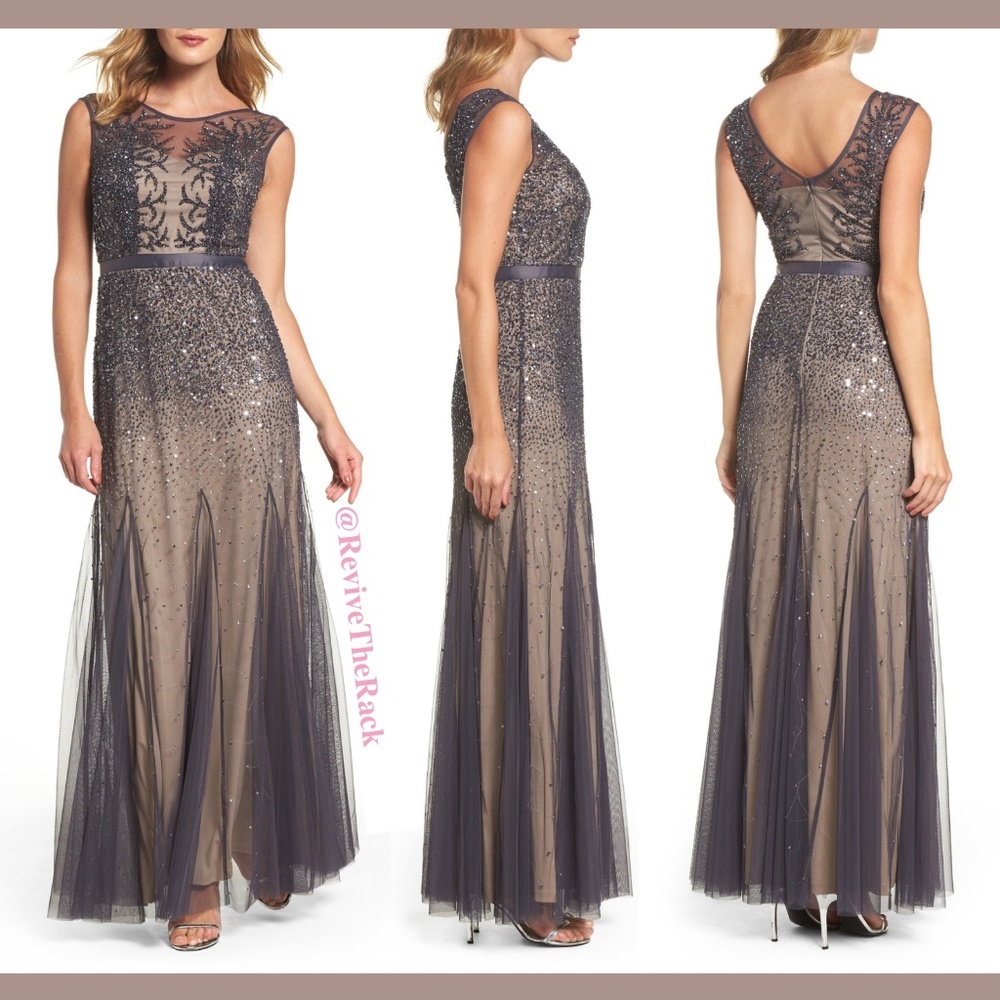 NEW $299 Adrianna Papell Illusion Beaded Chiffon Gown in Gunmetal [SZ 4 ]‎